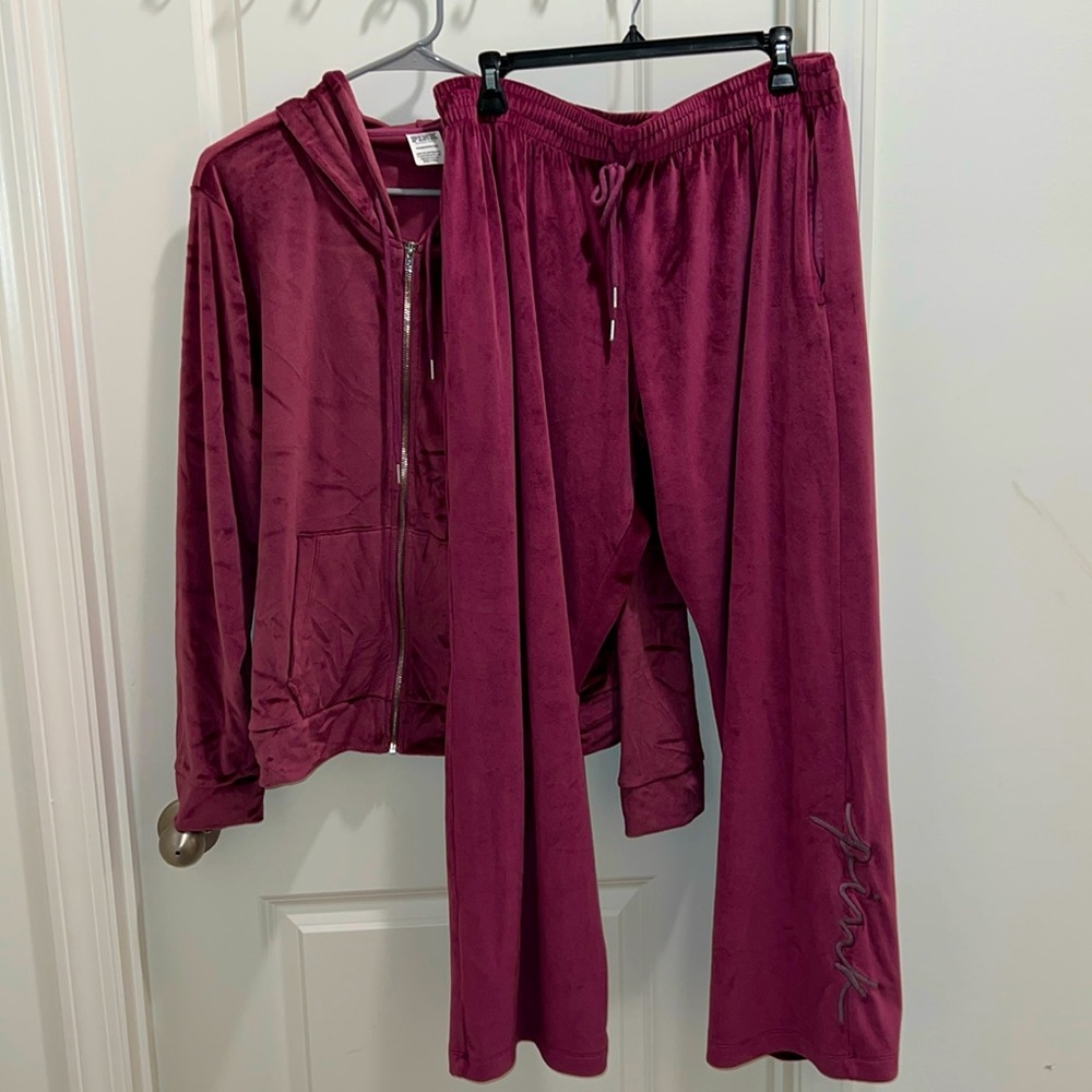Victoria’s Secret pink brand, purple velour, two-piece casual jogging suit